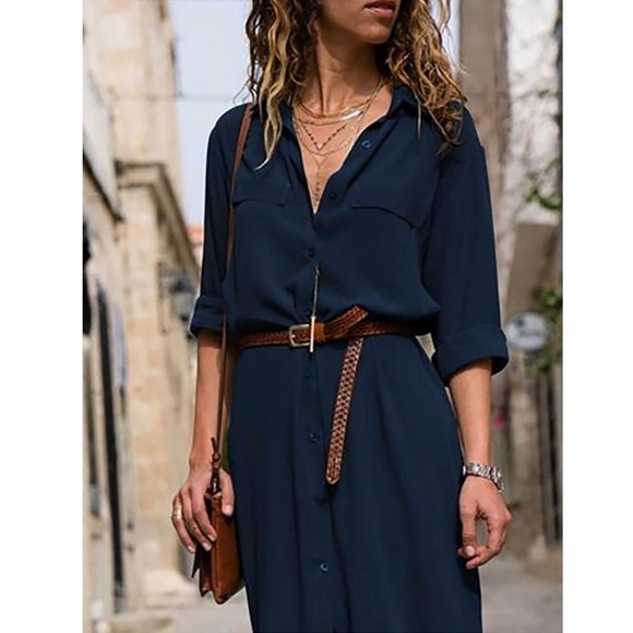 Navy Shawl Collar Shift Loose Fit Tunic Maxi Dress - Picture 2 of 3